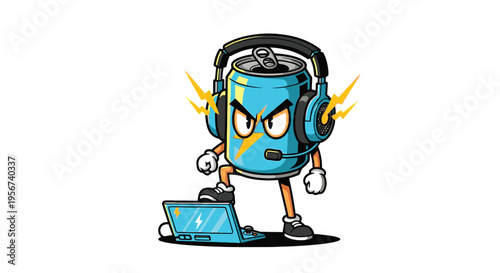 Angry robot with headphones and laptop.