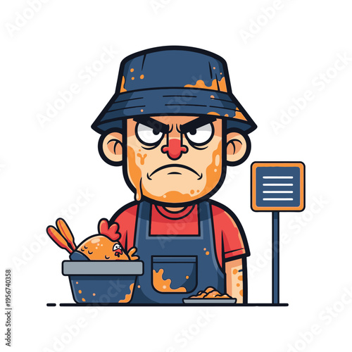 Angry man in apron holding food.