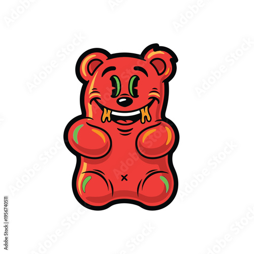 Red cartoon gummy bear smiling sweetly.
