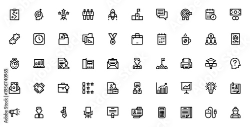 Employment icon set. Business vector icons for strategy, development, skills, team, startup, target, money and more. Minimalist linear style.