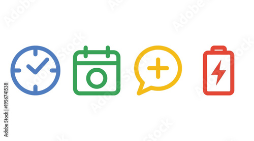 Four colorful line-art icons representing time, calendar, new message, and battery power, displayed on a white background.