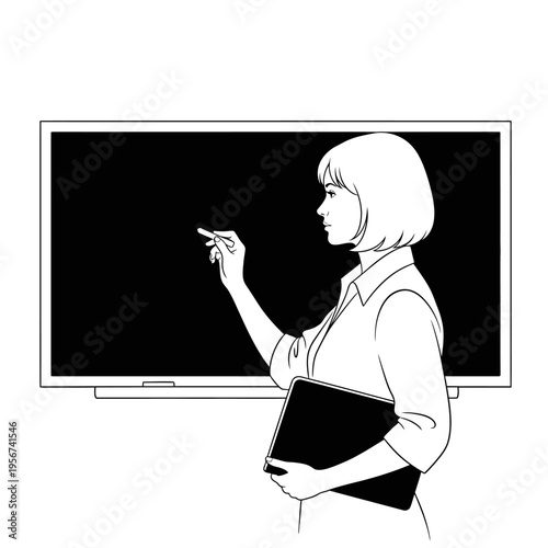 Woman in front of a large screen teaching with a marker and notebook in hand.