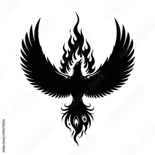A black phoenix rises from flames with wings spread wide in a mythical scene.