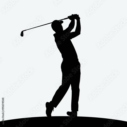Golf silhouette illustration of man swinging club on white background