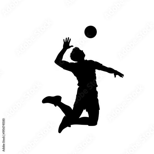 A volleyball player jumps to hit the ball in mid-air action during a sports game.