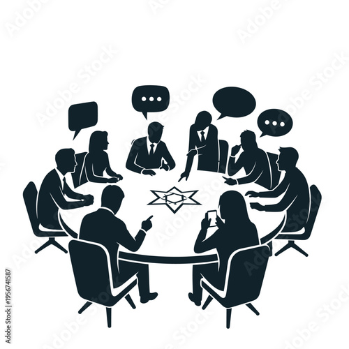 Business team discussing strategy around a conference table with speech bubbles.