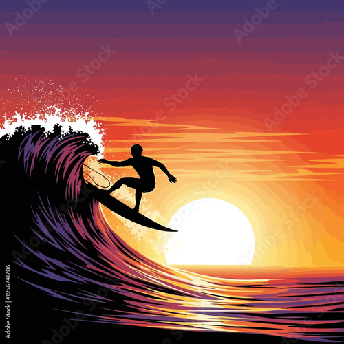 Surfer rides wave at sunset on ocean with vibrant colors and sunset background.