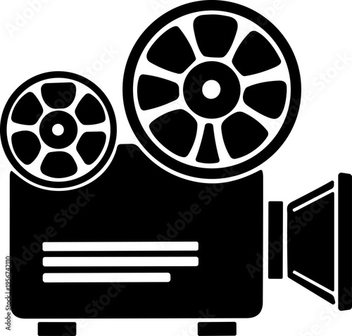 Vintage film projector icon with dual reels and conical lens for cinema, video projection, and media design content