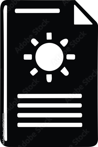 Weather forecast document icon with sun symbol, climate report file, solar data sheet, environmental paper, meteorology concept, black and white vector illustration