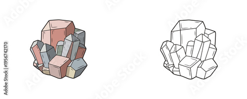 Feldspar crystal vector illustrations shown in colored cartoon and black outline linear styles, pale pink and grey mineral tones, representing natural rock on white background