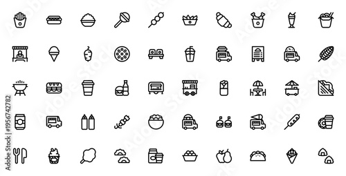 Street food icon set. Vector food truck and vendor symbols. Includes hot dog, pizza, sushi, kebab, hamburger, coffee, ice cream and more. Editable thin line icons.