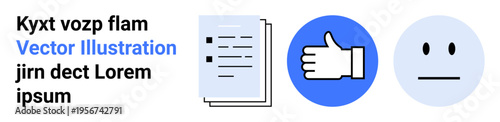 Feedback, communication, online reviews, user interactions, approval, documentation. A blue thumbs-up icon, neutral face emotion and document symbol in a minimalistic design. Feedback
