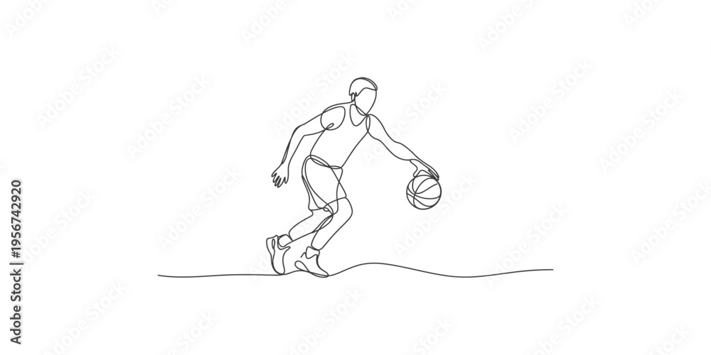 Fototapeta premium Continuous line drawing of a basketball player dribbling on the court with one hand art