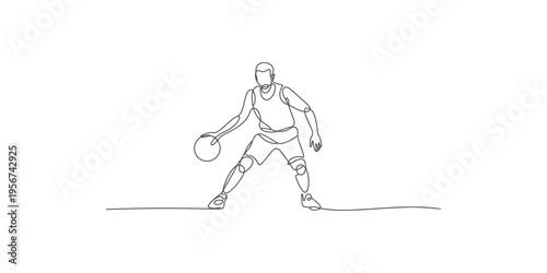 Continuous line drawing of a basketball player dribbling a ball in athletic stance man sport