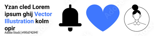 Alerts, communication, love, user identity, design elements, vector graphics. Black bell, blue heart and black outlined female avatar. Alerts and communication topics are highlighted