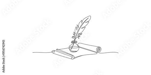 Continuous line drawing of a feather quill in an inkwell on a book scroll writing