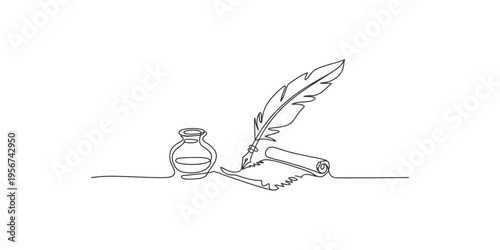 Continuous line drawing of a quill pen inkwell and scroll on a table writing art