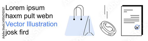 E-commerce, digital payments, shopping, financial management, online transactions, retail. Shopping bag, falling coin and document with a check mark. E-commerce and digital payments concept