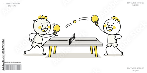 Happy Kids Playing Table Tennis Cartoon Illustration Vector 