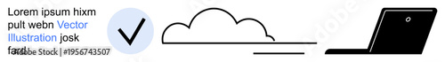 Data protection, remote work, online authentication, cloud storage, digital identity, cybersecurity. A checkmark, cloud and laptop in minimal design. Data security and remote work concept