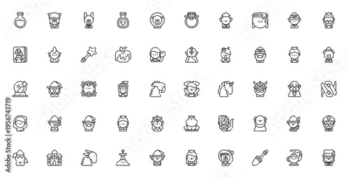 Fairytale icon set. Vector illustration pack. Includes wizard, dragon, unicorn, castle, witch, fairy, knight, mermaid, elf and more magical symbols.