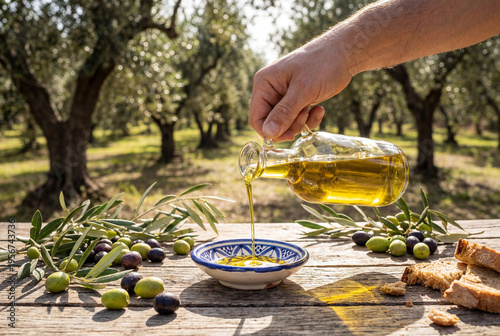 Hand pouring golden olive oil into dish in olive grove
