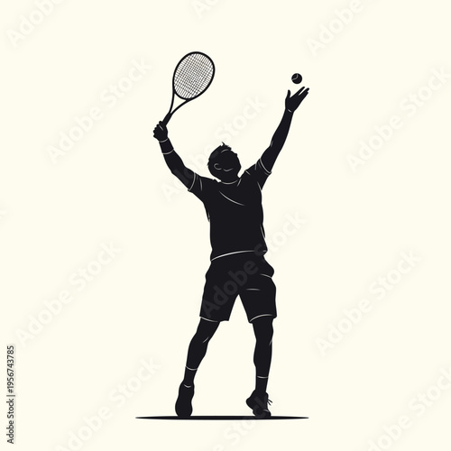 Man serving tennis ball with racket in action on court
