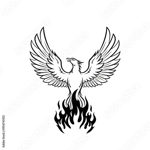 An illustration of a phoenix rising from flames with wings spread wide in air