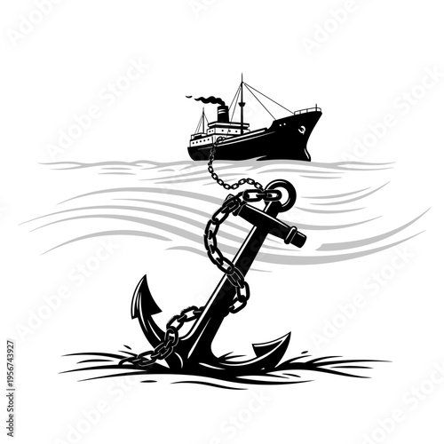 A large anchor lies on the ocean floor with a ship sailing above.
