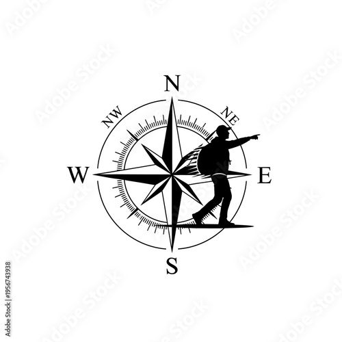 A hiker stands on a compass navigating through directions with a backpack on.