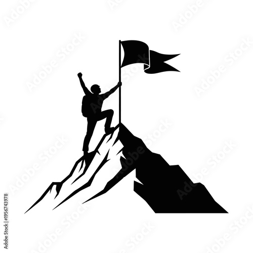 A person triumphantly plants a flag on a mountain peak, symbolizing achievement.