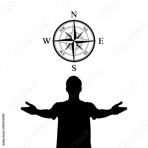 Man stands under a compass with outstretched arms in confusion.