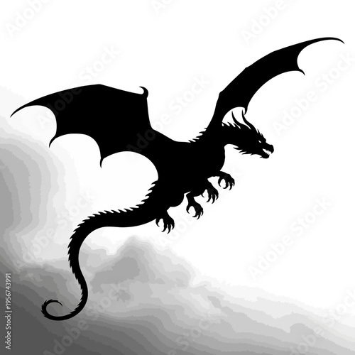 A black dragon flies through the air with its wings spread.