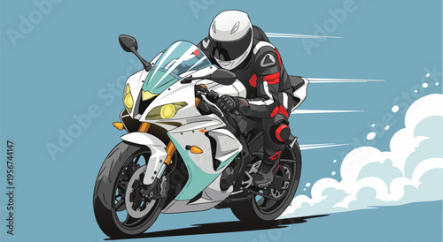 Dynamic vector illustration of a motorcycle rider in full gear speeding on a track with motion blur effect