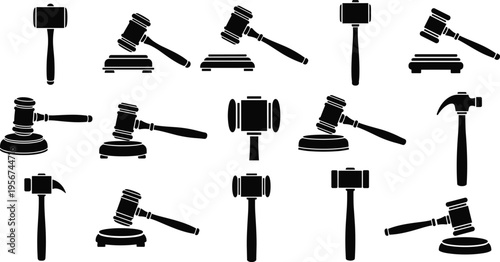 Gavel and hammer icons for law, justice, courtroom, legal decision, and construction themes in silhouette vector illustration style