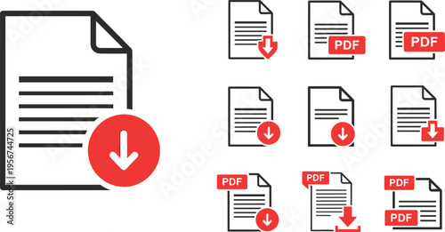 PDF document download icons with red arrows and labels for digital files, software interfaces, and online content illustration themes
