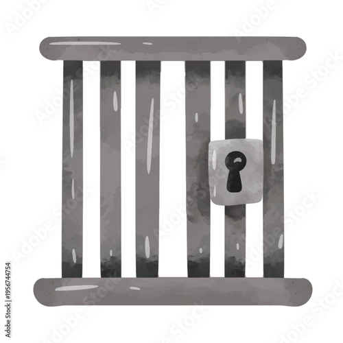 Prison jail cell bars vector illustration, hand drawn watercolor painting style, prison metal bars with padlock vector image, clip art jail, prisoner clip art