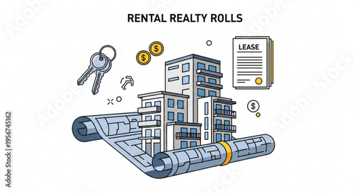 Rental real estate concept with buildings lease agreement and keys symbolizing property investment and management