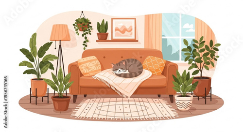 Cozy living room with cat on orange couch surrounded by houseplants and warm lighting