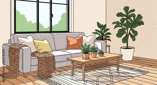Cozy living room interior with gray sofa wooden coffee table plants and large window with view