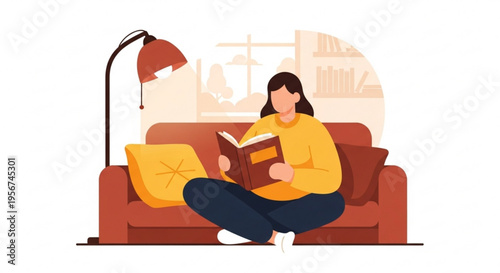Woman reading book sitting on couch with laptop relaxing at home in living room with lamp