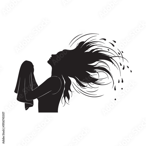 A dynamic silhouette captures a woman energetically flipping her wet hair after washing, holding a towel.