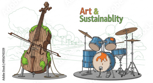 Musical instruments with green eco friendly elements and art sustainability text