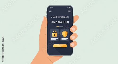 Hand holding smartphone with e gold investment app on screen showing 40000 gold investment with lock and shield icons for secure