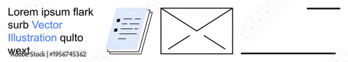 Communication, messaging, document exchange, sending emails, digital correspondence, and media sharing. A document, envelope and placeholder text displayed. Communication and messaging concepts