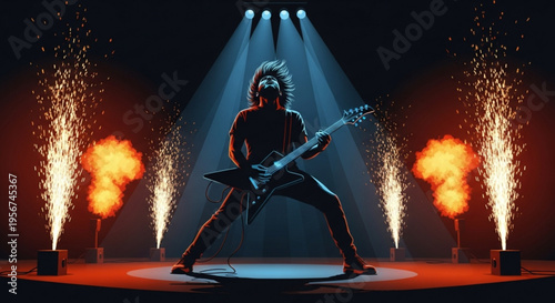 Rock musician performing energetically on stage with pyrotechnics and spotlight