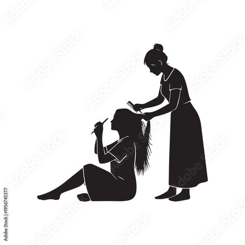 Two women are silhouetted, one combing hair while the other applies makeup, depicting beauty rituals.