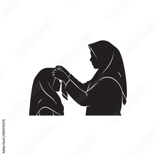 Two women wearing hijabs are silhouetted, with one gently adjusting the other's headscarf.