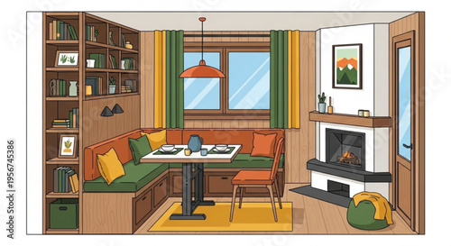 Cozy living room with fireplace dining area and bookshelves warm home interior