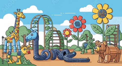 Colorful zoo animals playground with giraffe snake lion flowers and roller coaster under blue sky